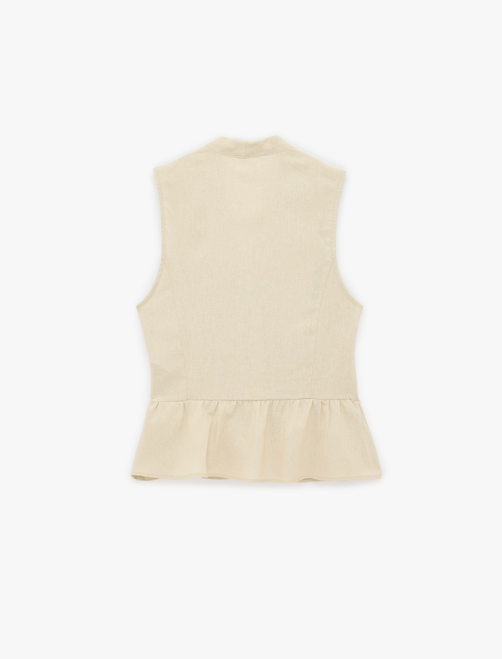  Düğmeli Kolsuz V Yaka Fırfırlı Peplum Keten Bluz