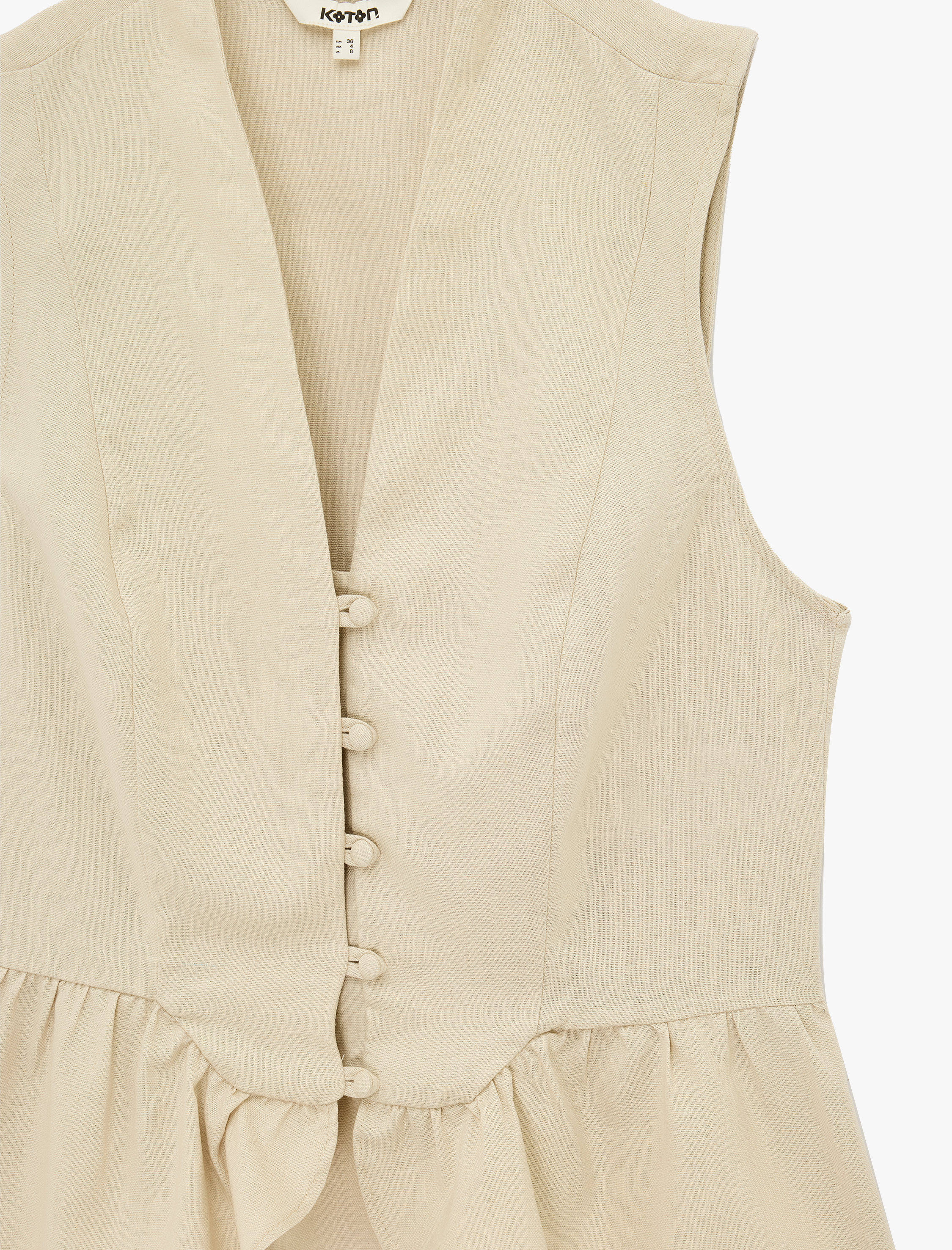   Düğmeli Kolsuz V Yaka Fırfırlı Peplum Keten Bluz