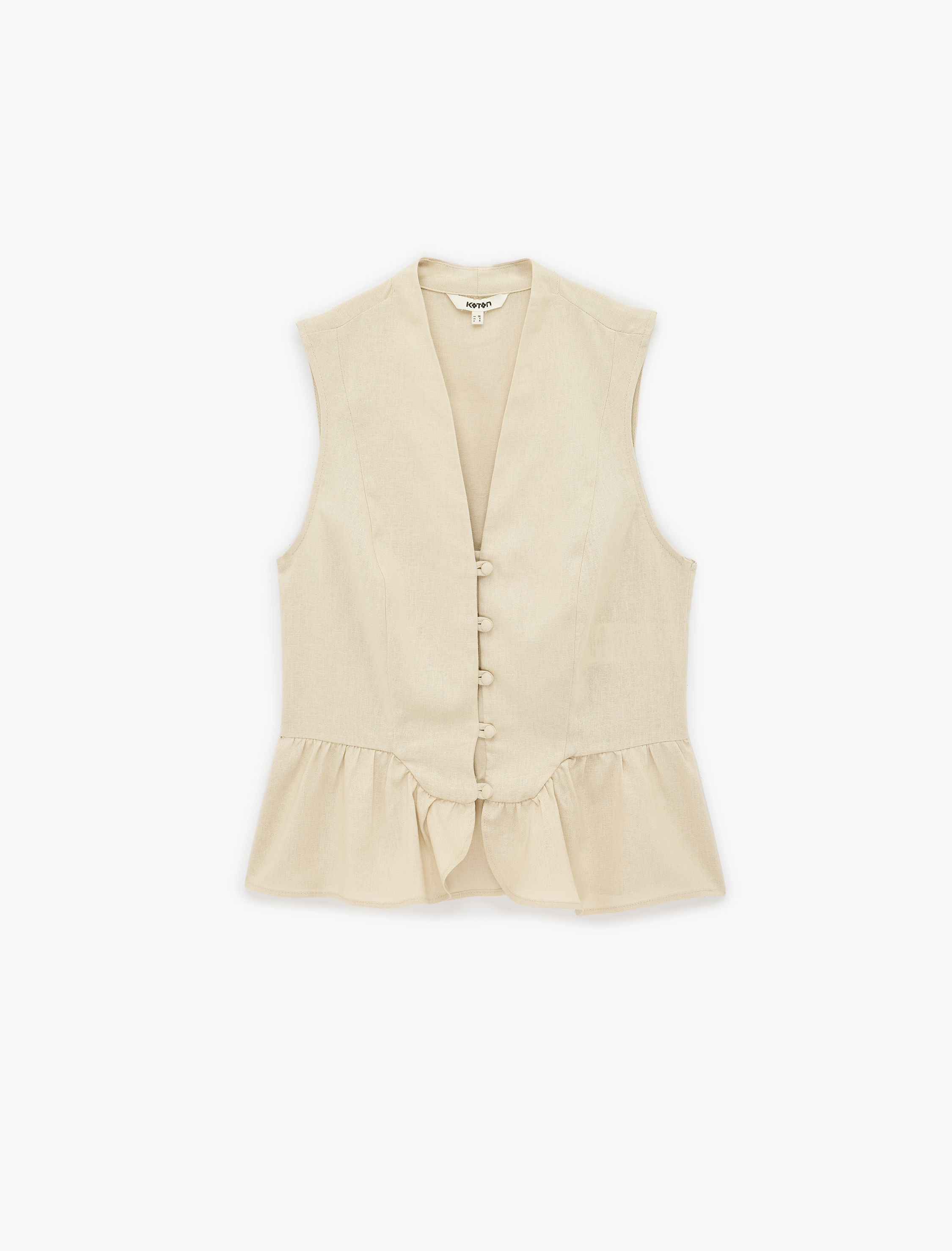   Düğmeli Kolsuz V Yaka Fırfırlı Peplum Keten Bluz