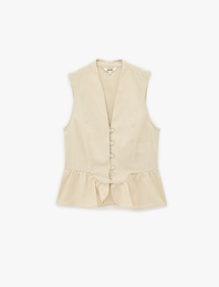 Düğmeli Kolsuz V Yaka Fırfırlı Peplum Keten Bluz