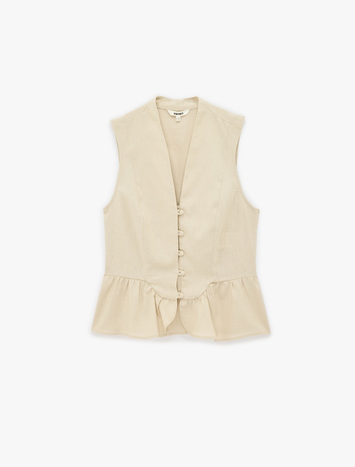  Düğmeli Kolsuz V Yaka Fırfırlı Peplum Keten Bluz