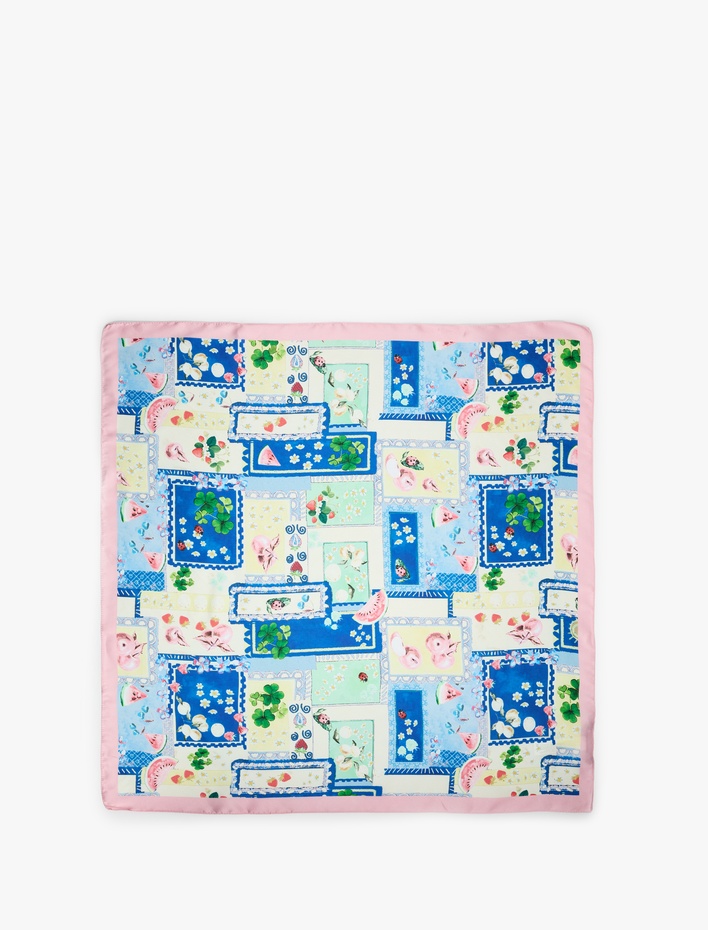 Kadın Çiçek Desenli Saten Kare Fular