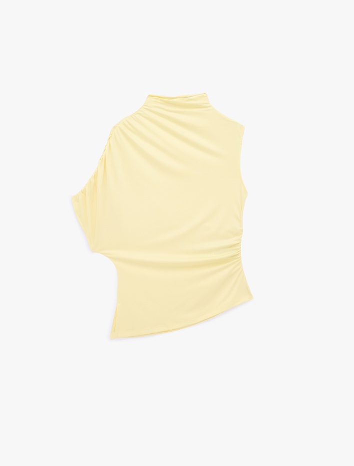  Slim Fit Asimetrik Kesim Drapeli Dik Yaka Bluz