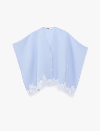 Modal Kumaş V Yaka Yarasa Kol Dantel Detaylı Çizgili Panço Bluz