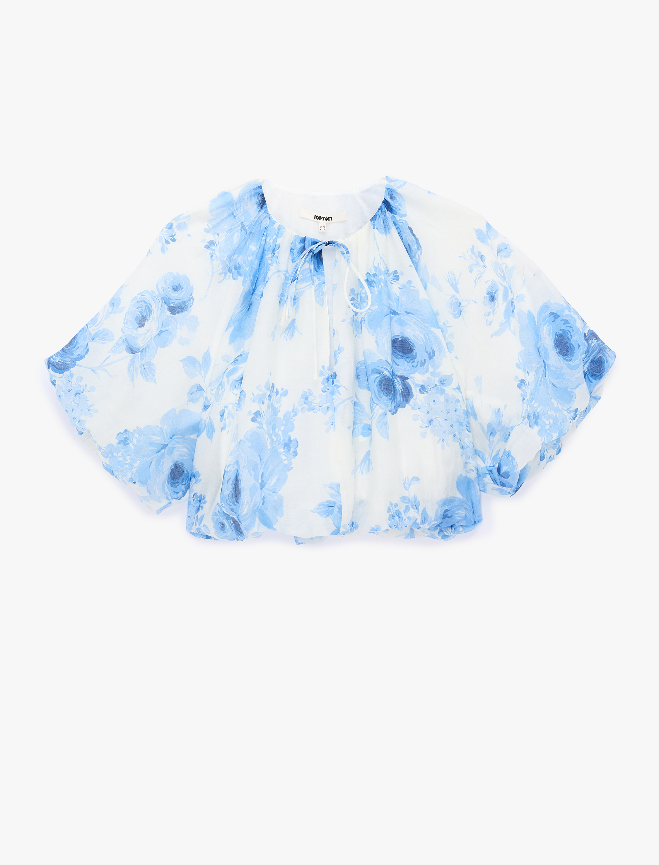   Bağcıklı Yuvarlak Yaka Kısa Balon Kollu Çiçekli Crop Bluz