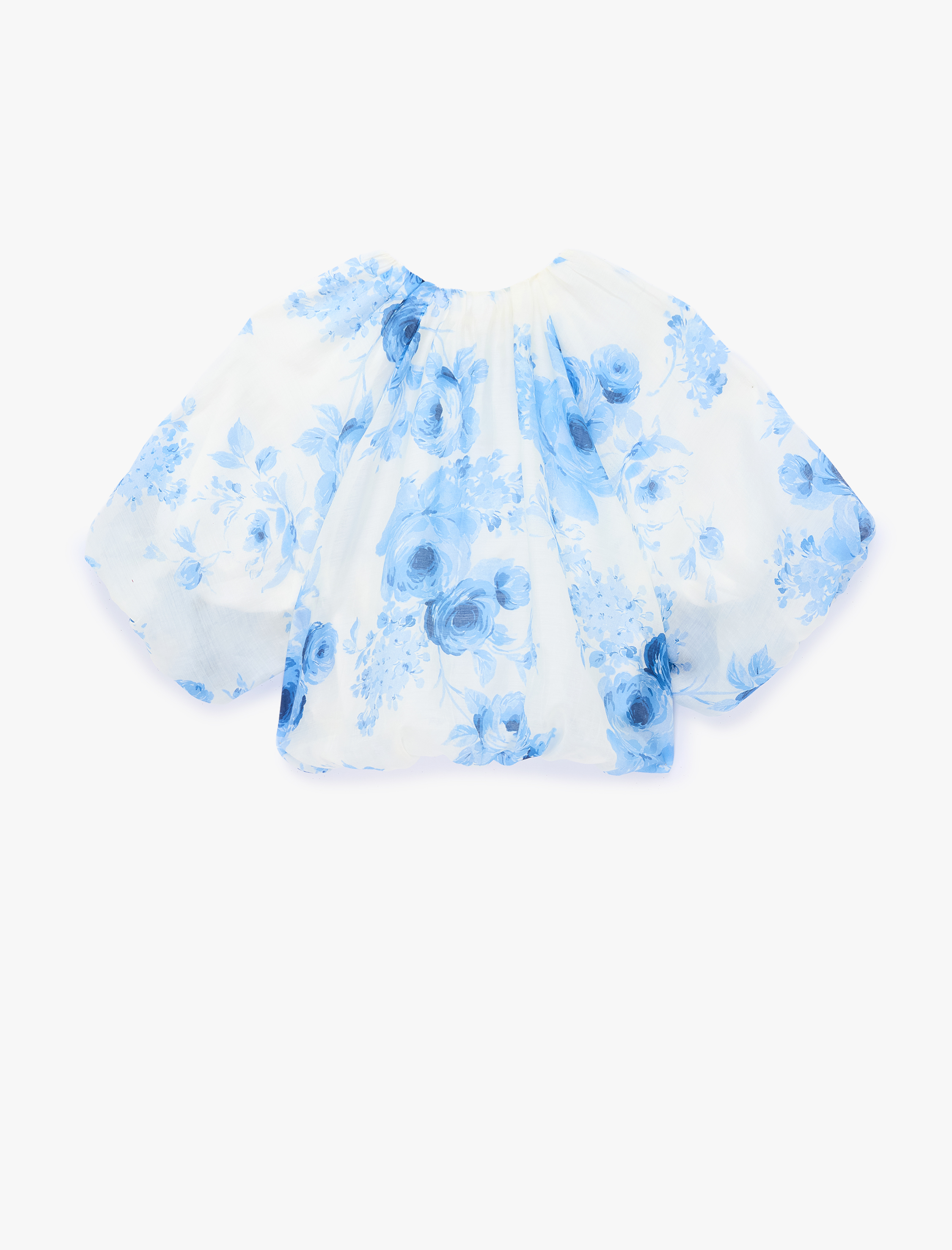   Bağcıklı Yuvarlak Yaka Kısa Balon Kollu Çiçekli Crop Bluz