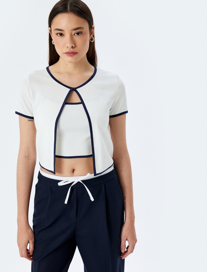  Bisiklet Yaka Kısa Kollu Biyeli Basic Crop Tişört