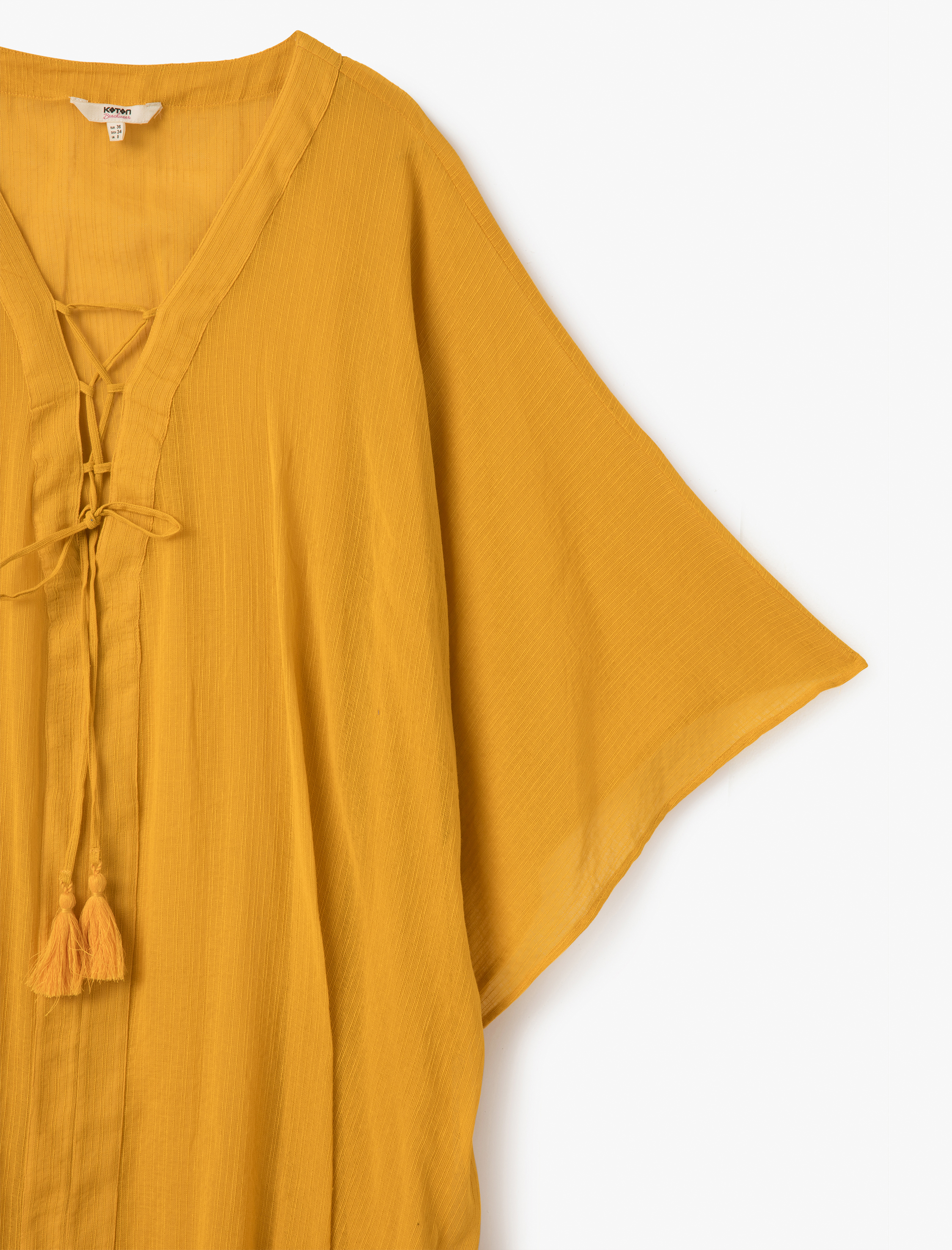   Pamuklu Kısa Yarasa Kol V Yaka Asimetrik Kesim Oversize Plaj Elbisesi