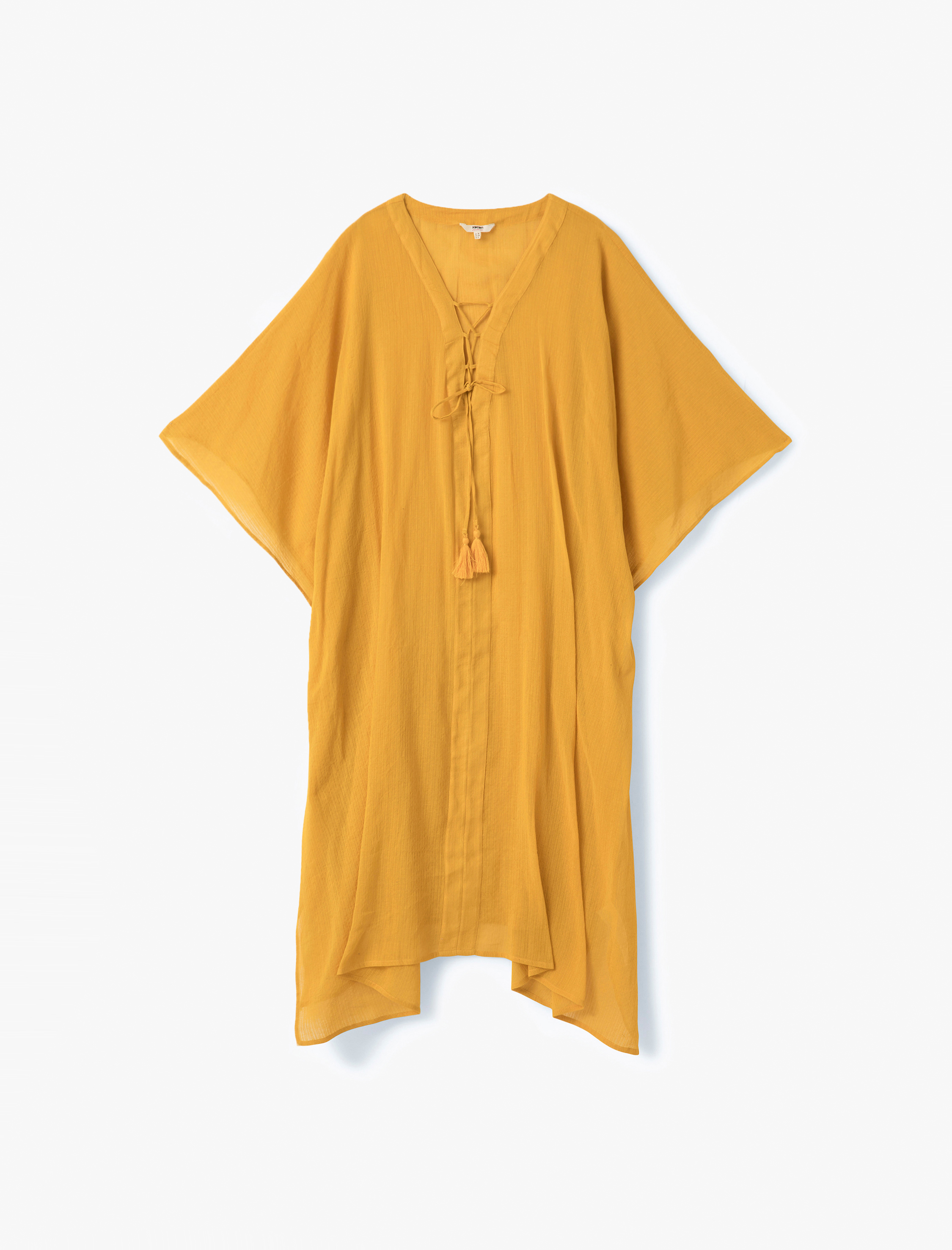   Pamuklu Kısa Yarasa Kol V Yaka Asimetrik Kesim Oversize Plaj Elbisesi