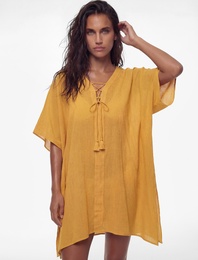 Pamuklu Kısa Yarasa Kol V Yaka Asimetrik Kesim Oversize Plaj Elbisesi