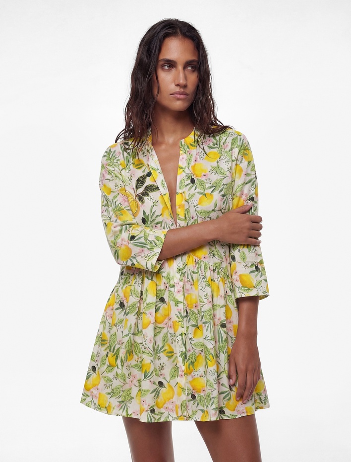  Pamuklu Boncuk İşlemeli Çiçekli Limon Desenli Plaj Elbisesi