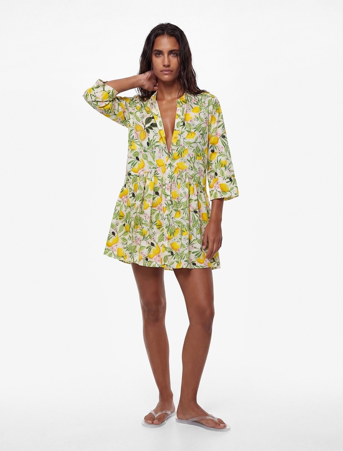  Pamuklu Boncuk İşlemeli Çiçekli Limon Desenli Plaj Elbisesi