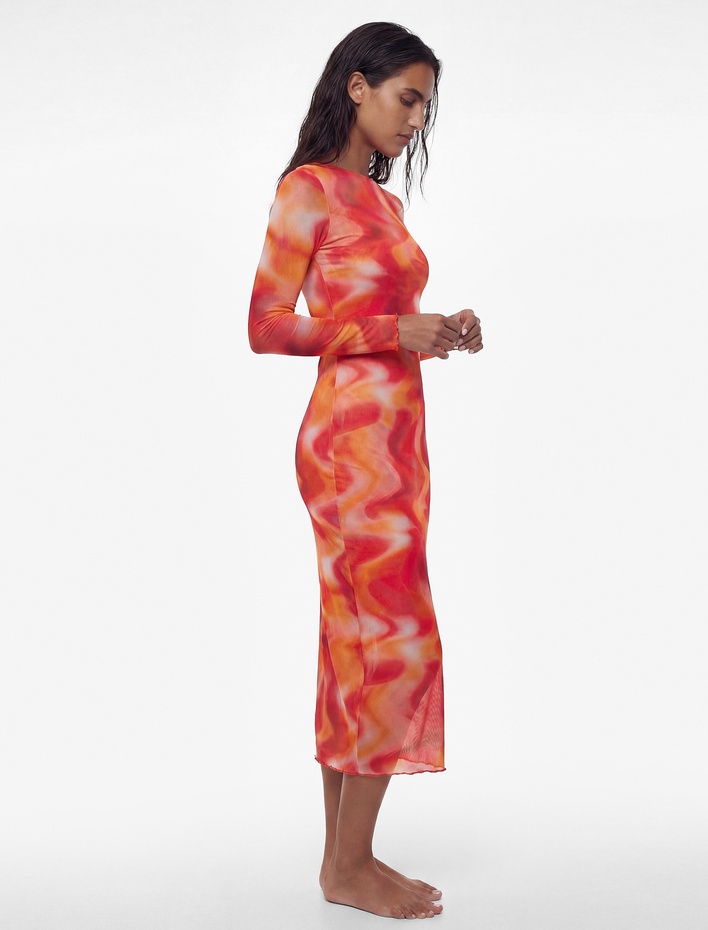  Soyut Desenli Bisiklet Yaka Transparan Uzun Kollu Tül Plaj Elbisesi