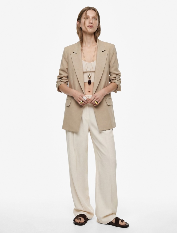  Rahat Kalıp Astarlı Uzun Kollu Cepli Keten Blazer Ceket