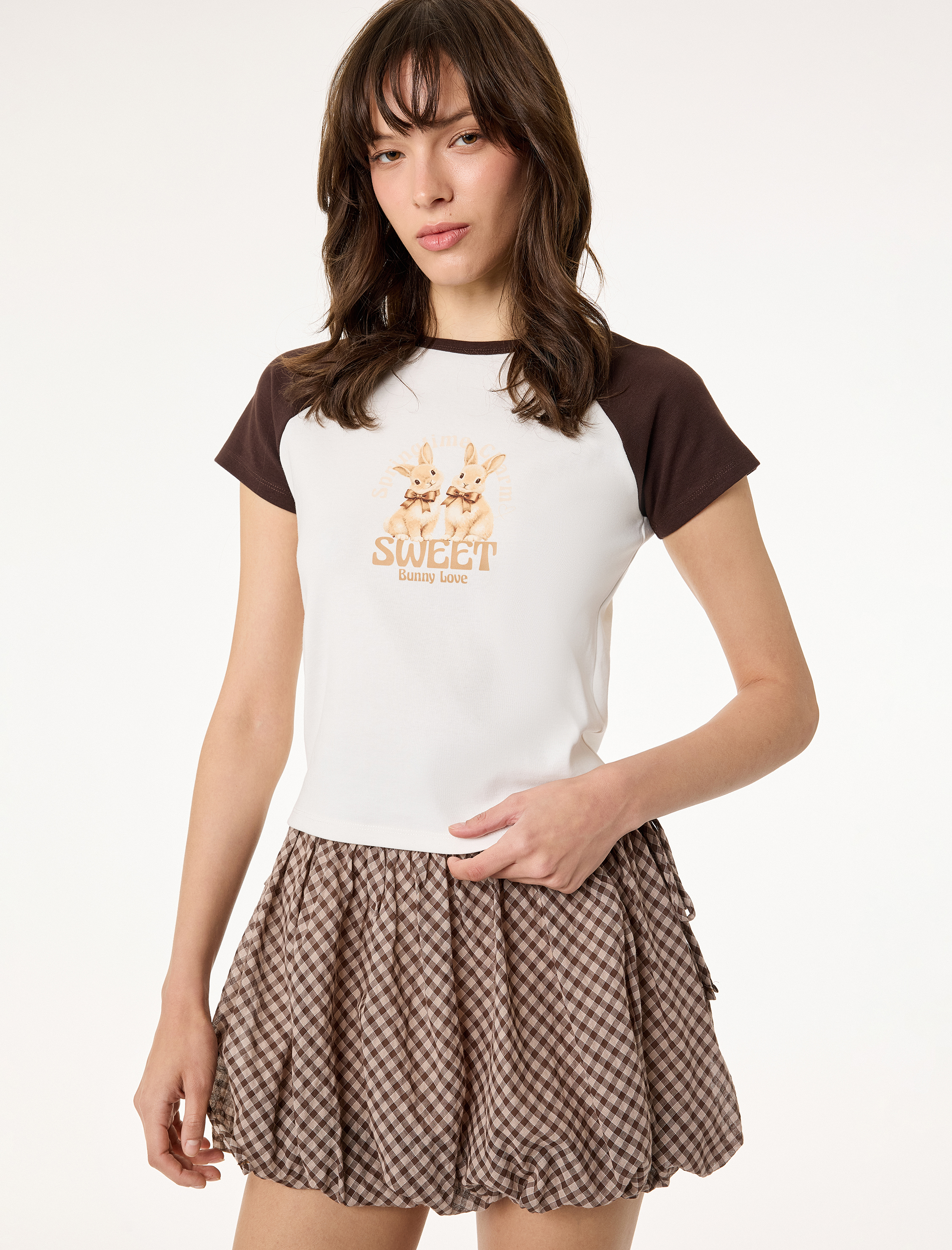   Pamuklu Slim Fit Kısa Reglan Kollu Tavşan Baskılı Tişört