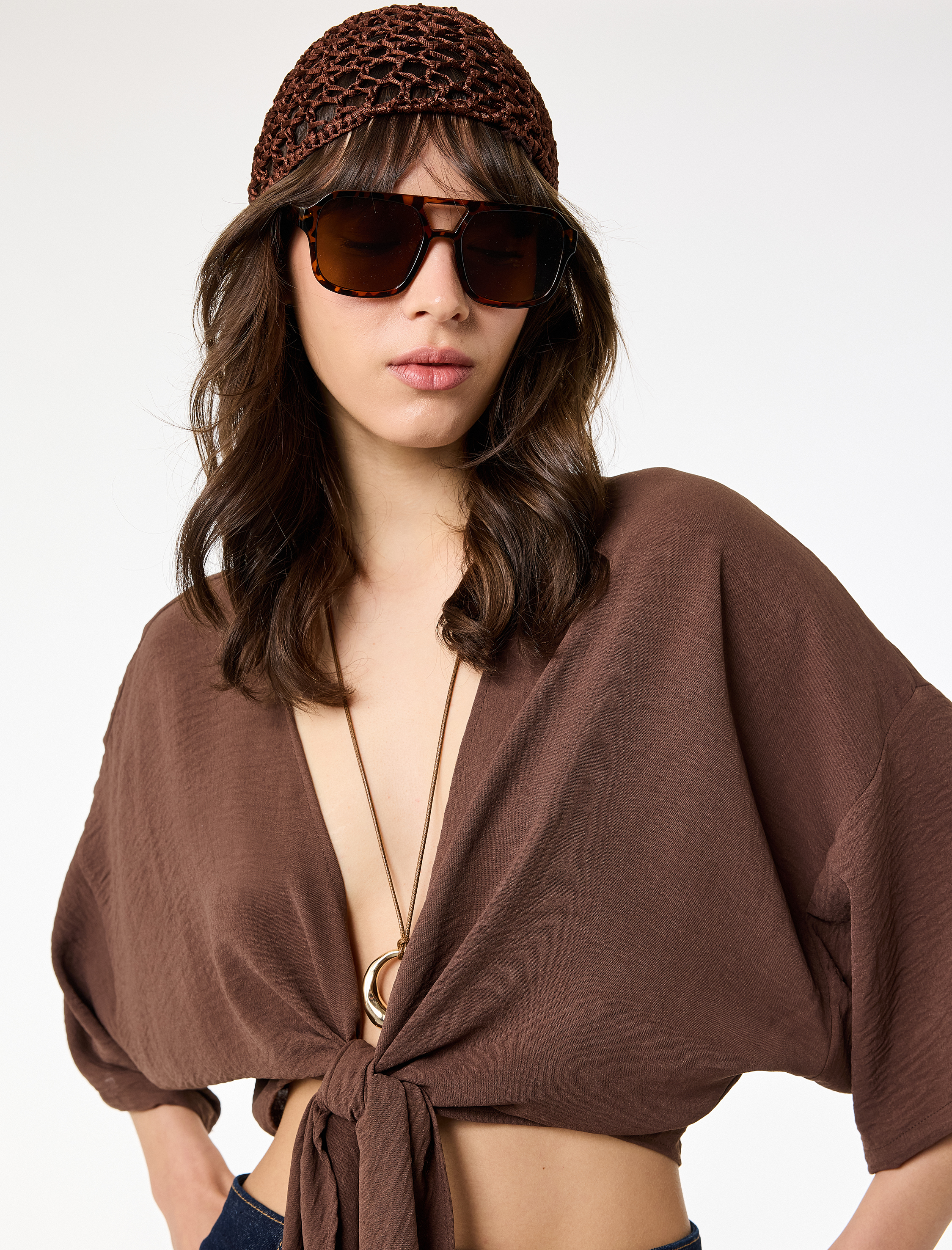   Kısa Kollu Kruvaze Yaka Bağlamalı Crop Oversize Kimono