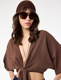 Kısa Kollu Kruvaze Yaka Bağlamalı Crop Oversize Kimono