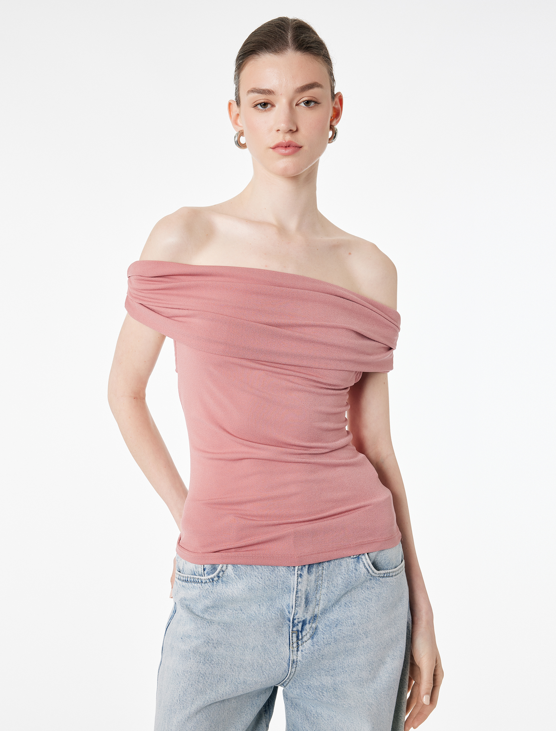   Krep Scuba Kumaş Slim Fit Drapeli Straplez Bluz
