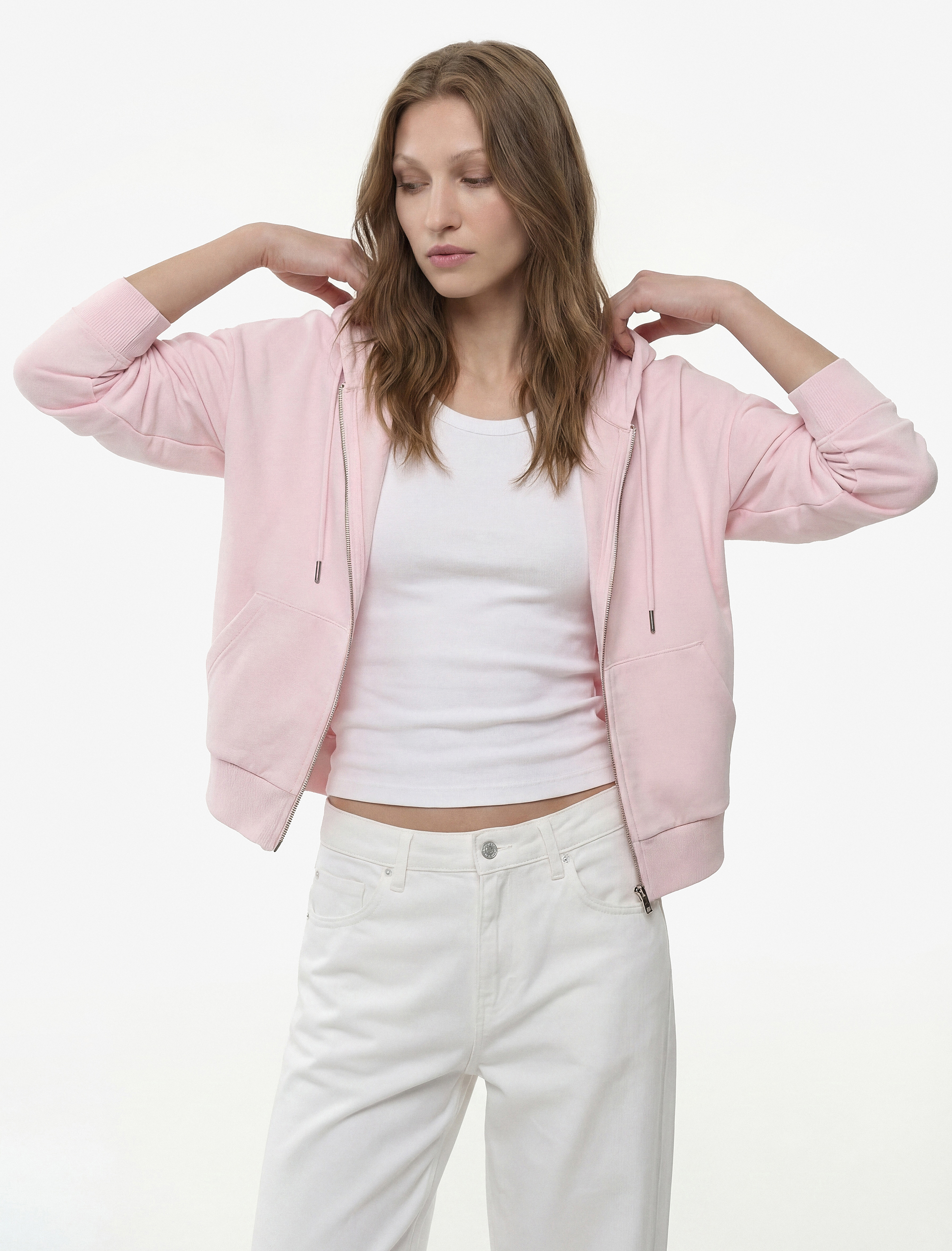   Modal Kumaş Uzun Kollu Cepli Kapüşonlu Sweatshirt