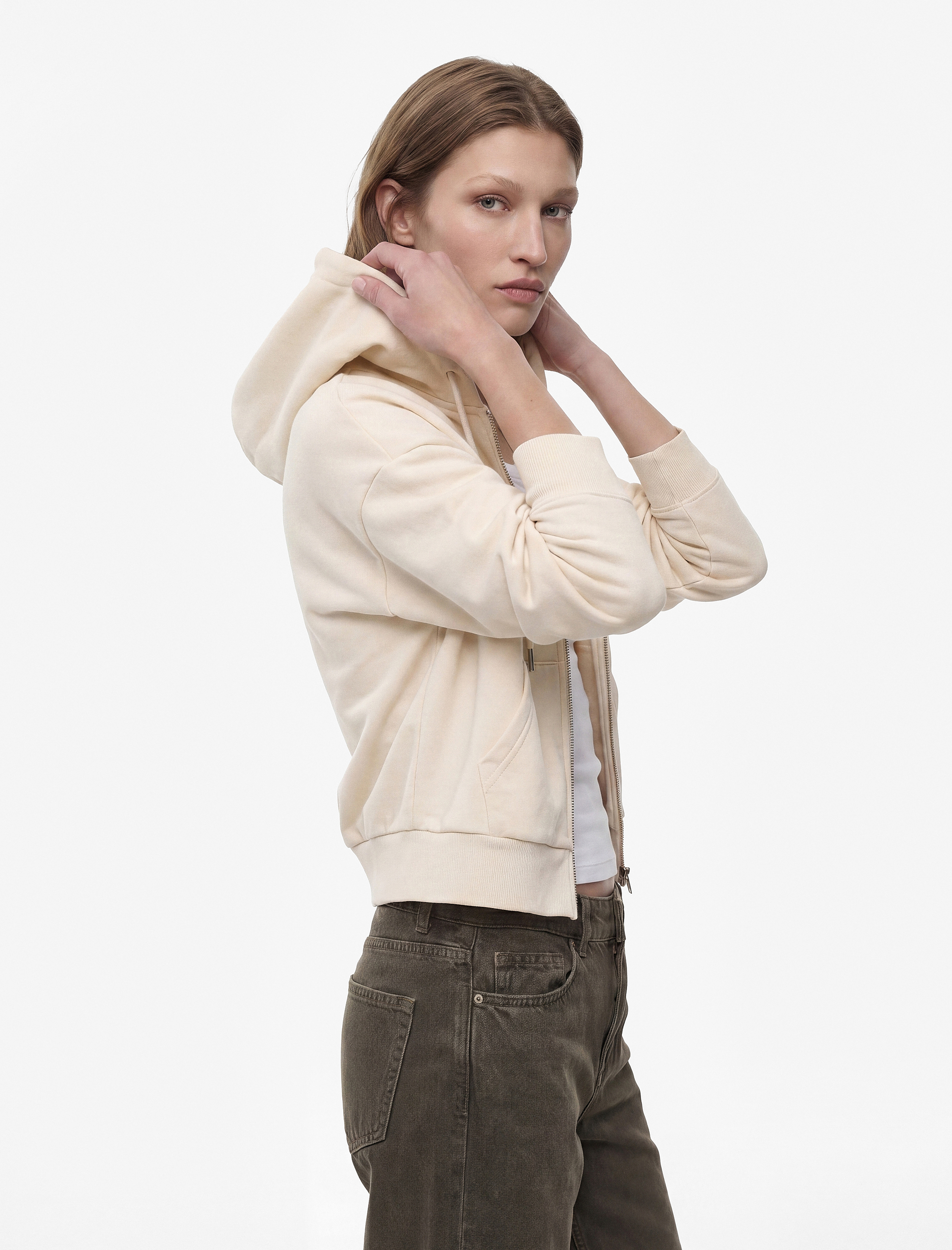   Modal Kumaş Uzun Kollu Cepli Kapüşonlu Sweatshirt