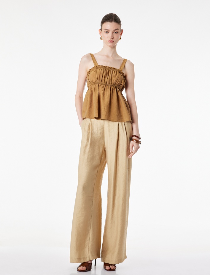  Viskon Dokulu Kumaş Büzgülü Askılı Bluz