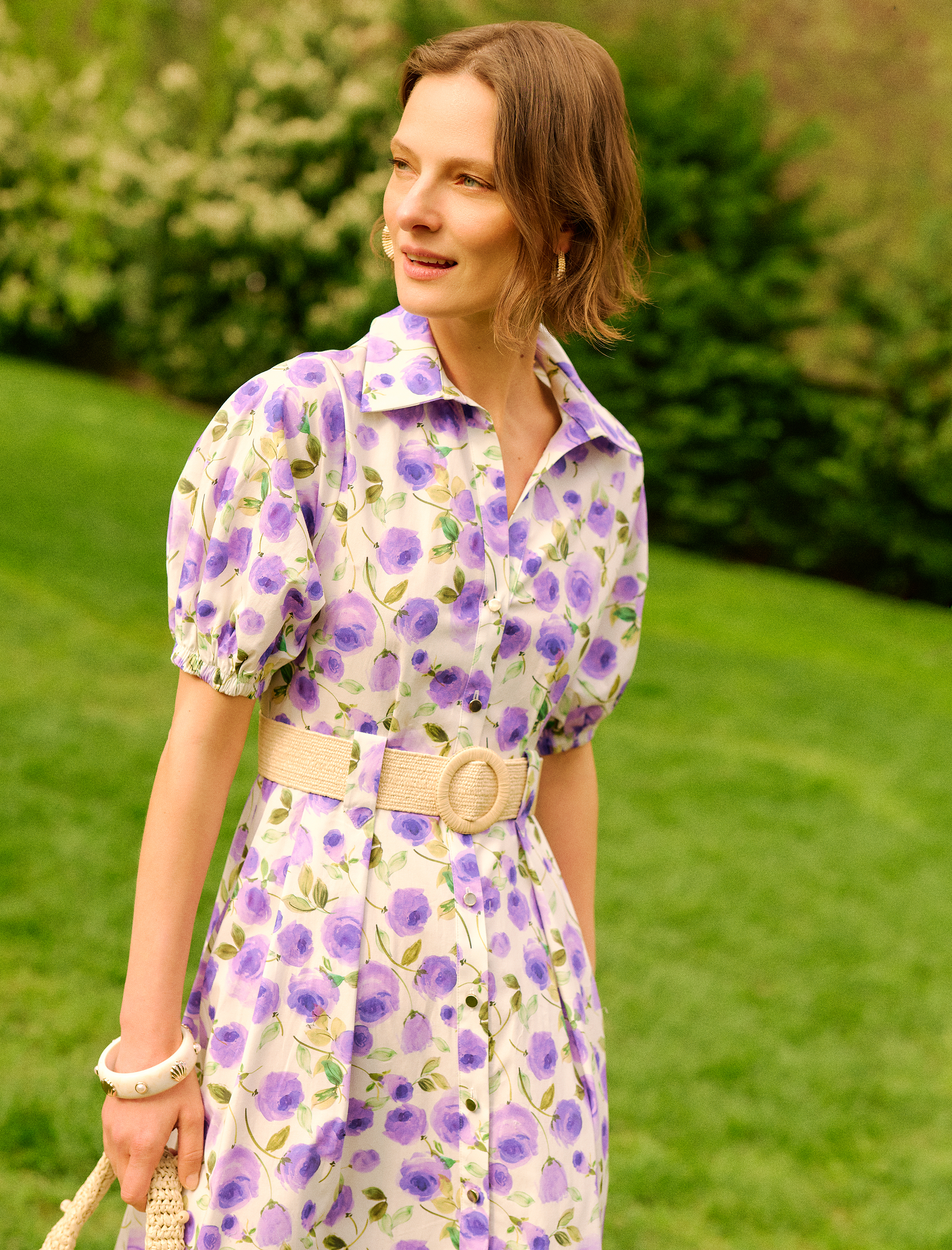   Düğmeli Kemer Detaylı Kısa Balon Kollu Uzun Çiçekli Poplin Gömlek Elbise