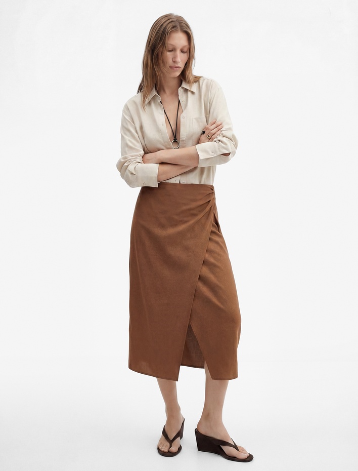  Drapeli Asimetrik Yırtmaç Detaylı Kruvaze Kalem Midi Keten Etek