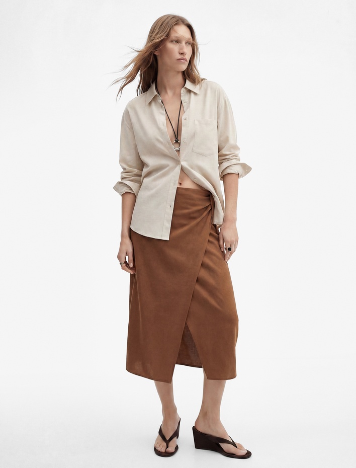  Drapeli Asimetrik Yırtmaç Detaylı Kruvaze Kalem Midi Keten Etek