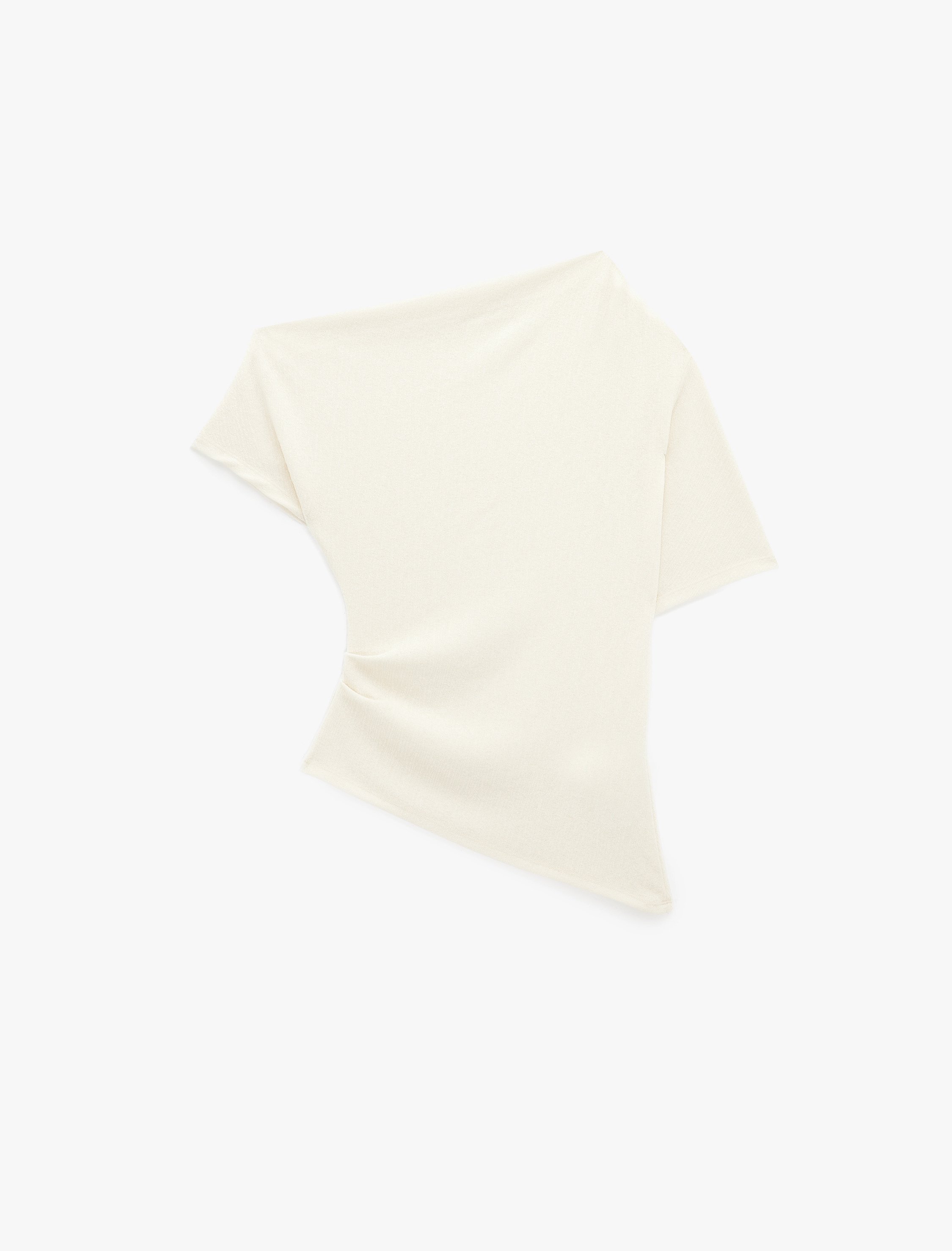   Krep Kumaş Slim Fit Açık Omuz Asimetrik Yaka Kısa Kollu Bluz