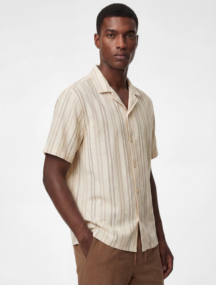  Regular Fit Kısa Kollu Devrik Yaka Pamuklu Çizgili Gömlek