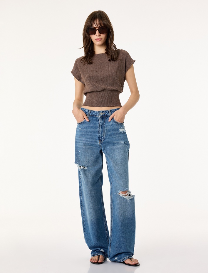  Viskon Karışımlı Bürümcük Bisiklet Yaka Kısa Kollu Crop Bluz