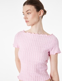 Bürümcük Kumaş Slim Fit Kısa Kollu Omzu Açık Kayık Yaka Bluz