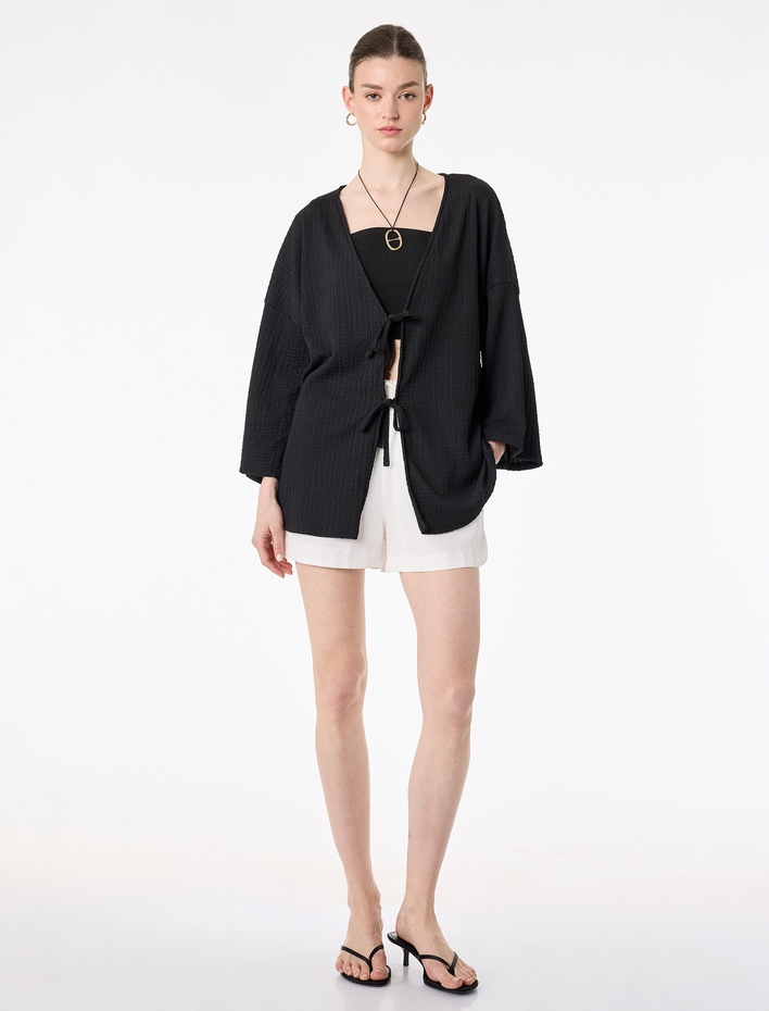  Bürümcük Kumaş Geniş Uzun Kollu Bağlama Detaylı Dokulu Kimono