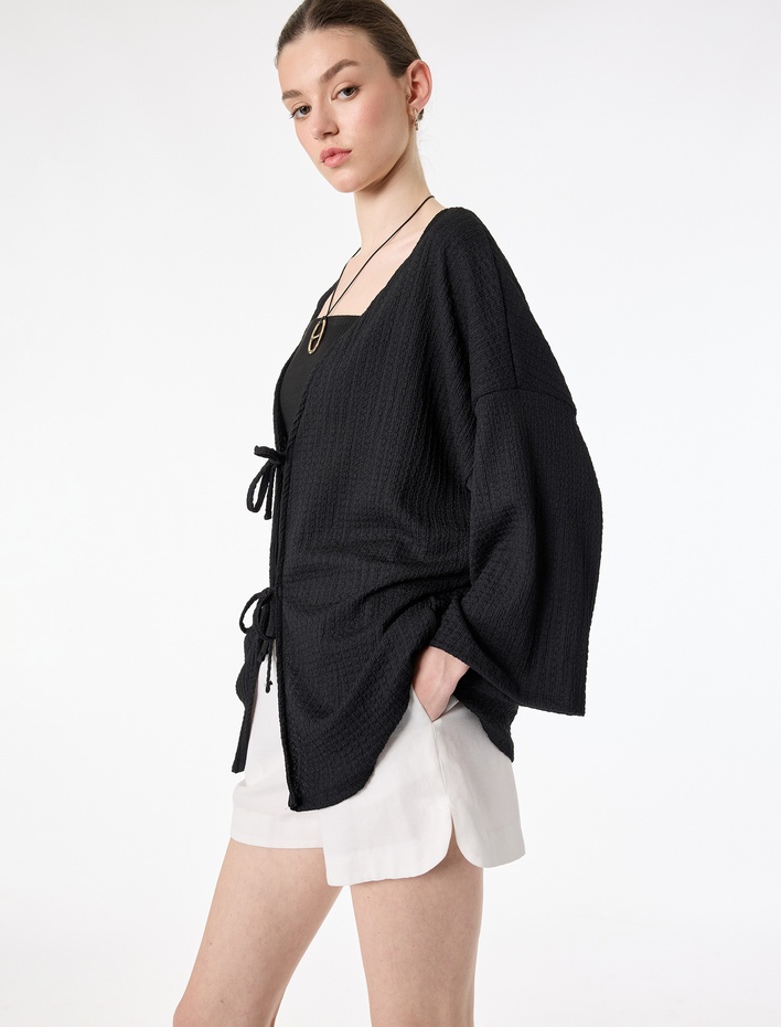  Bürümcük Kumaş Geniş Uzun Kollu Bağlama Detaylı Dokulu Kimono