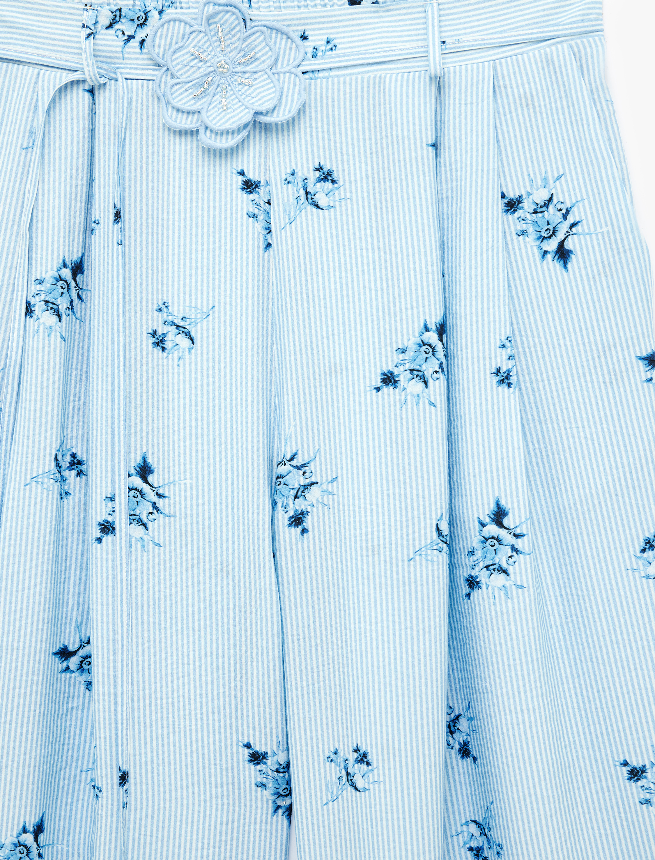   Viskon Salda Kumaş Aplike Kemer Detaylı Çiçekli Çizgili Pantolon