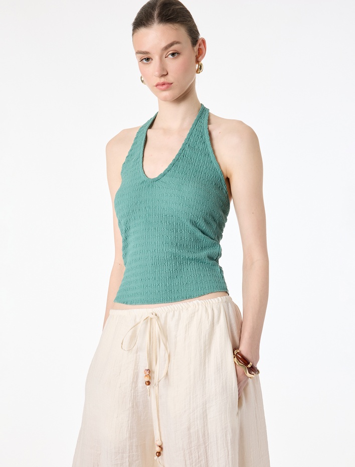  Bürümcük Kumaş Slim Fit Boyundan Bağlamalı Sırt Dekolteli Halter Yaka Bluz