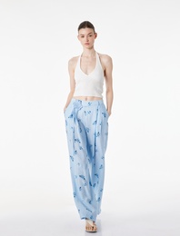 Viskon Salda Kumaş Aplike Kemer Detaylı Çiçekli Çizgili Pantolon