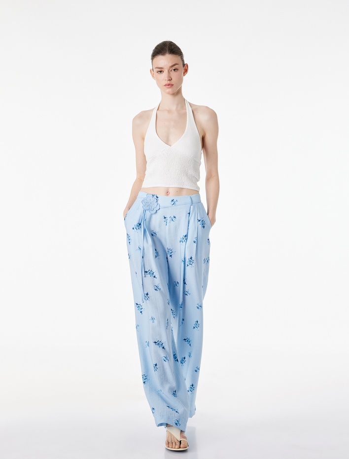  Viskon Salda Kumaş Aplike Kemer Detaylı Çiçekli Çizgili Pantolon