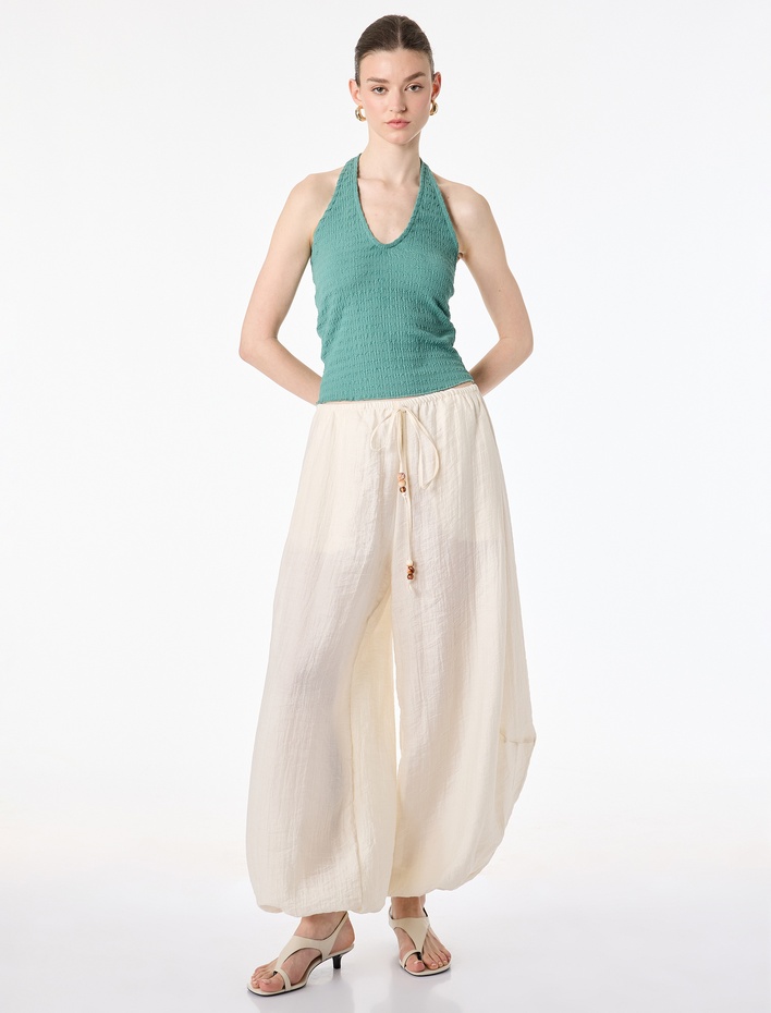  Bürümcük Kumaş Slim Fit Boyundan Bağlamalı Sırt Dekolteli Halter Yaka Bluz