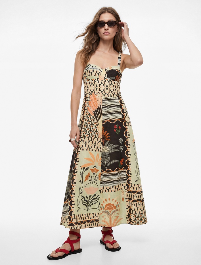  Keten Karışımlı Sırt Dekolteli Çapraz Askılı Uzun Çiçekli Elbise