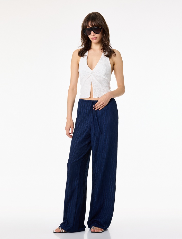  Bürümcük Kumaş Geniş Paça Beli Bağcıklı Pantolon