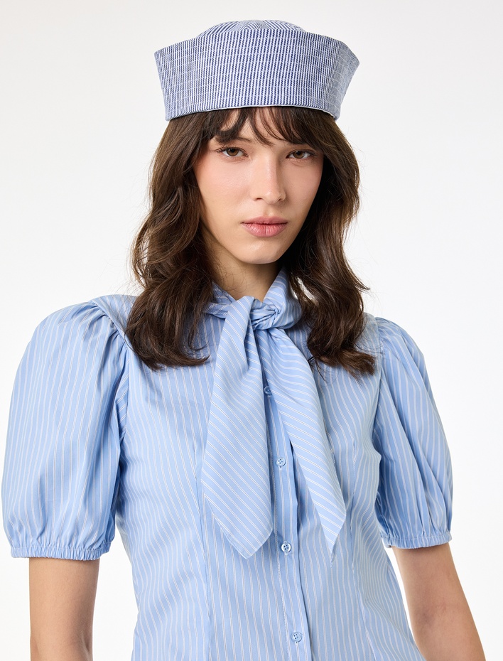  Pamuklu Kısa Balon Kollu Fular Yaka Poplin Çizgili Gömlek