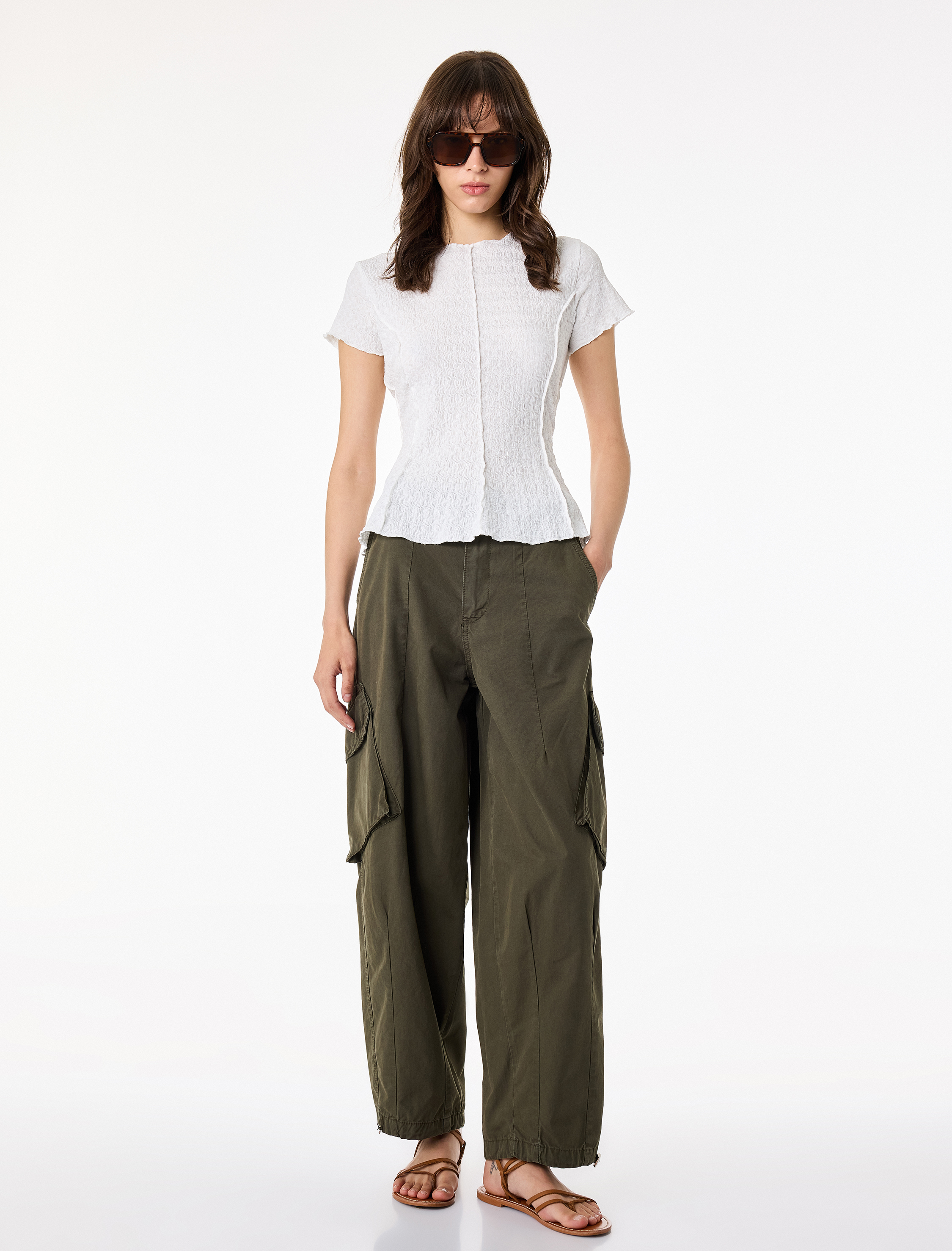 トップス c... Ekru Nervürlü Kısa Kollu Bisiklet Yaka Bürümcük Slim Fit Bluz