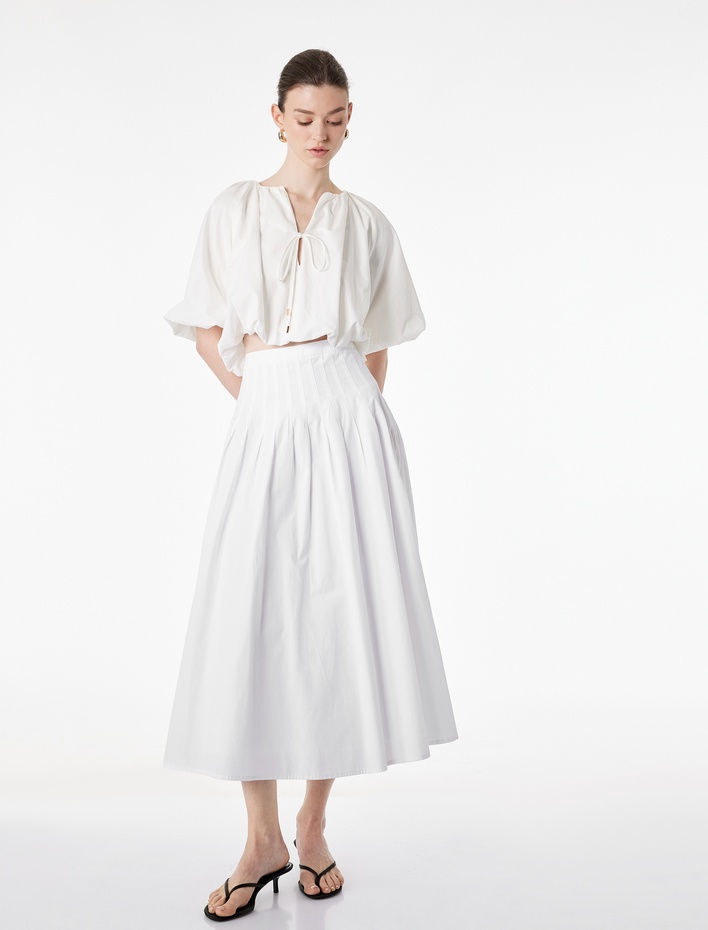  Pamuklu Poplin Kumaş Önden Bağlamalı Kısa Kollu Balon Fit Oversize Crop Bluz