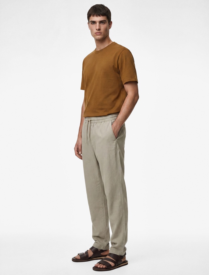  Keten Pamuk Karışımlı Cepli Beli Bağcıklı Pantolon