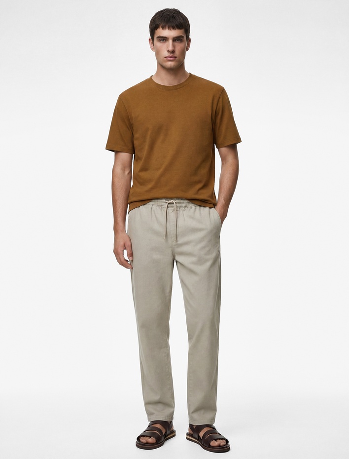  Keten Pamuk Karışımlı Cepli Beli Bağcıklı Pantolon