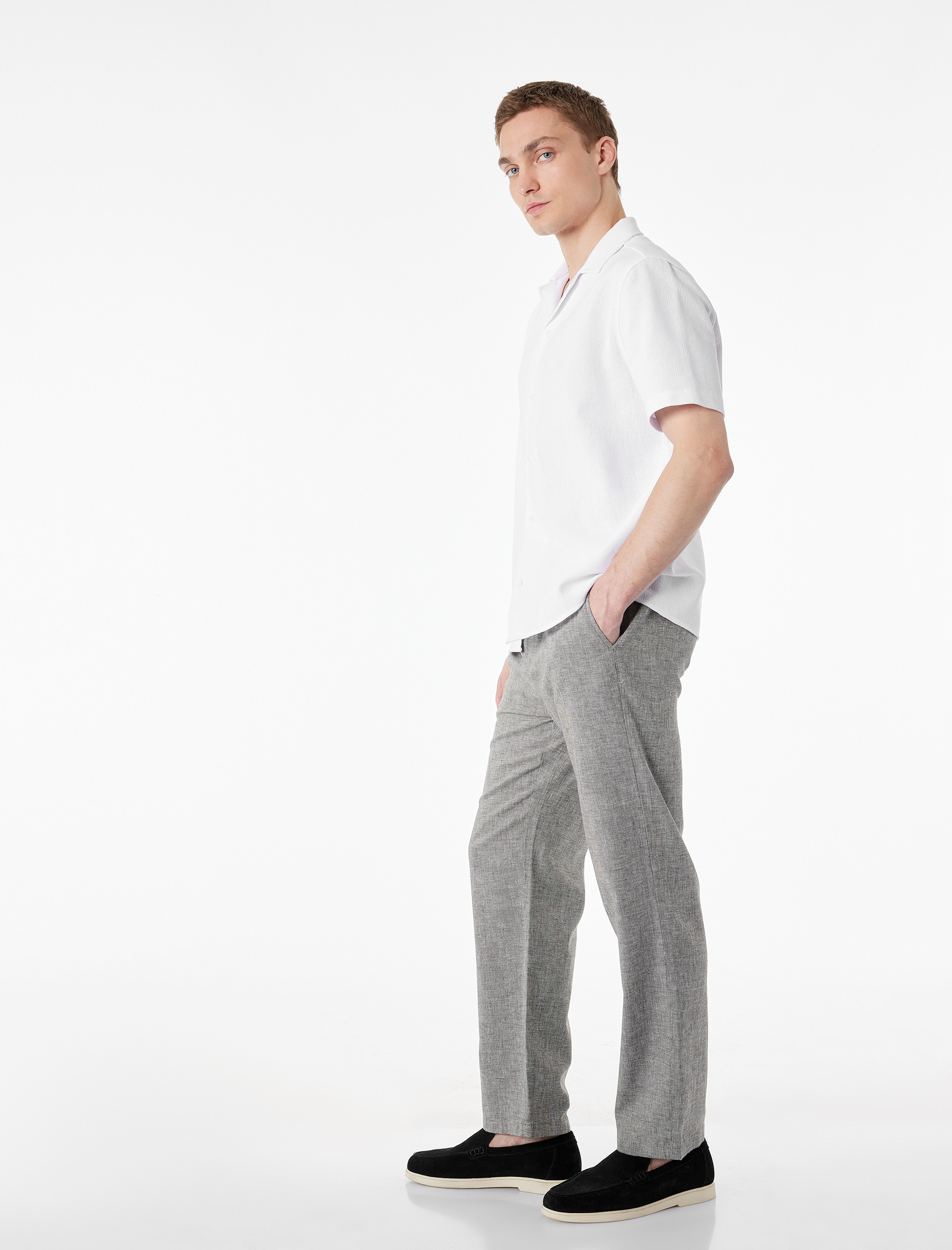  Regular Fit Cepli Pamuk Keten Karışımlı Beli Bağcıklı Pantolon