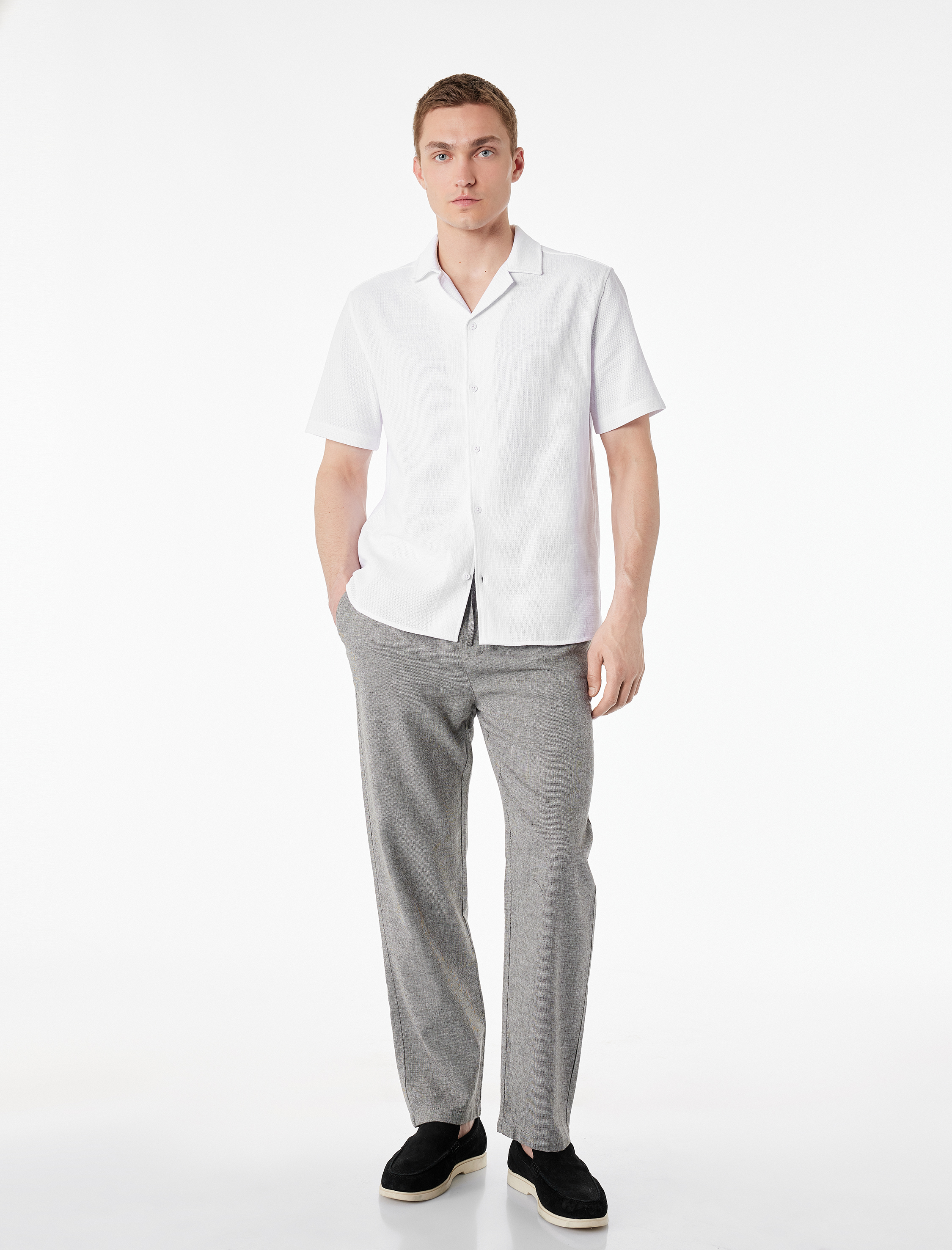   Regular Fit Cepli Pamuk Keten Karışımlı Beli Bağcıklı Pantolon