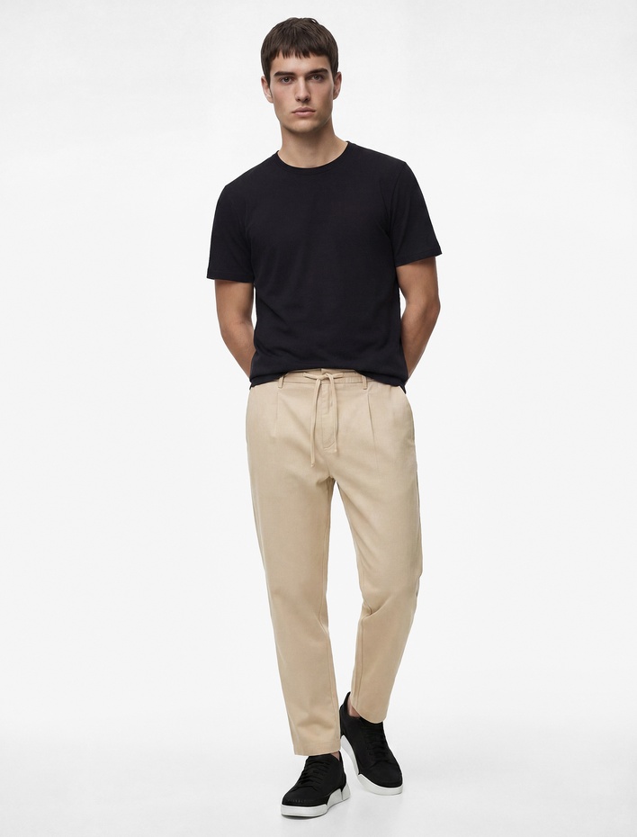  Regular Fit Beli Lastikli Düğmeli Düz Paça Keten Karışımlı Chino Pantolon