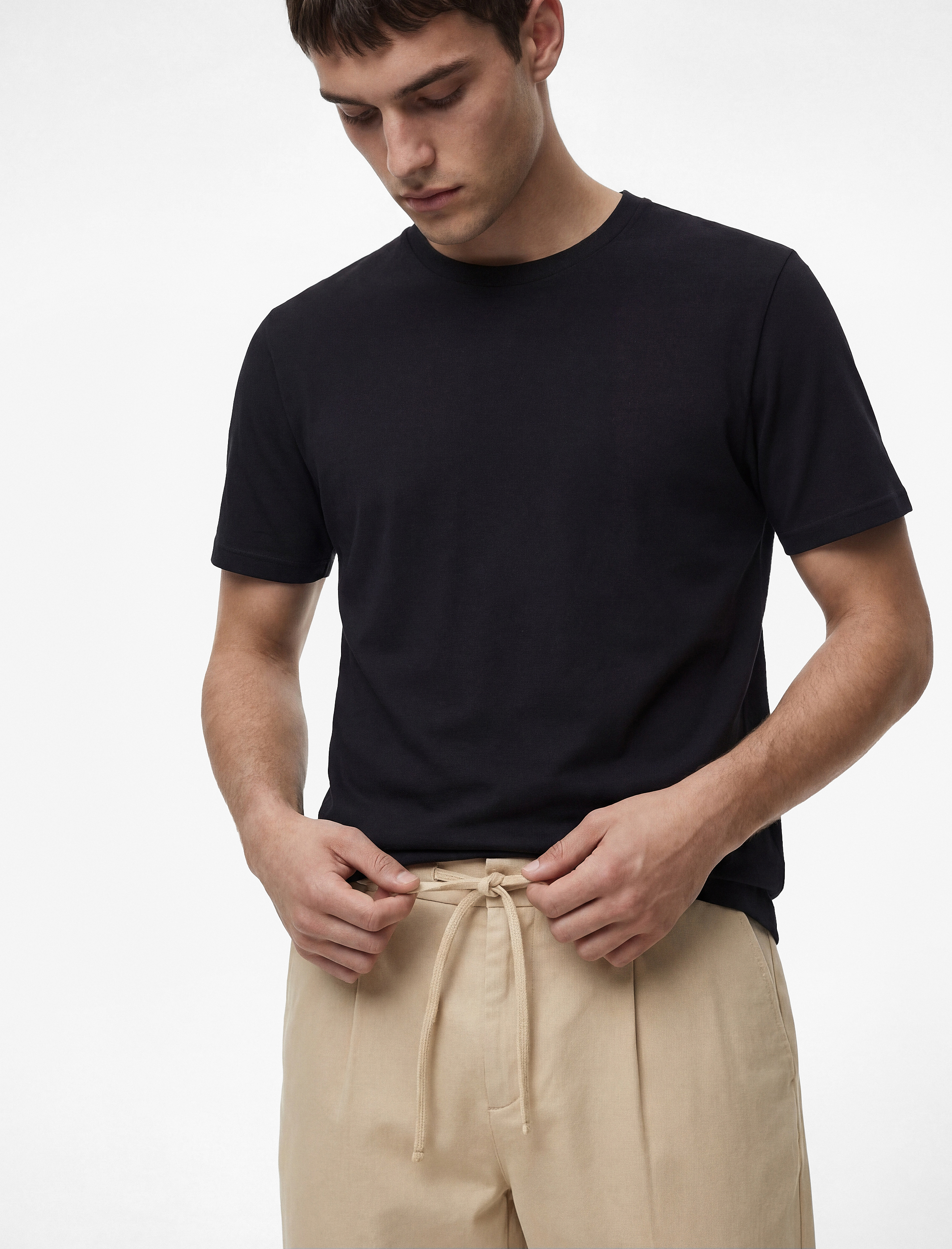   Regular Fit Beli Lastikli Düğmeli Düz Paça Keten Karışımlı Chino Pantolon